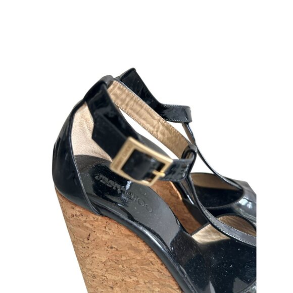 JIMMY CHOO Black Patent Leather Cork Wedges Sandals Size 36.5 - Picture 6 of 16